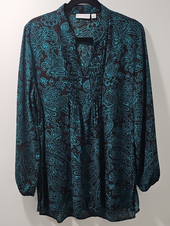 Susan Graver Tops - Susan Graver Paisley Pin Tuck Tunic Blouse Sz Medium Brown Teal Boho V-Neck